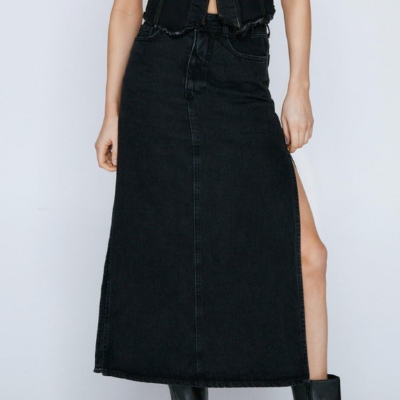 Nasty Gal Dresses & Skirts - Nasty Gal Black Midi Denim Skirt with Side Slit